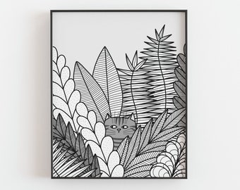 Cat print - Black and white hiding tabby cat poster, Botanical, Bush, Fern, Jungle, Plants, Wall art, Home decor poster, MAILED PRINT