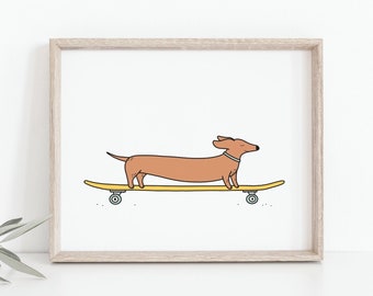 Wiener dog skateboarding print - Longboarding sausage dog poster, Dachshund illustration, Dog drawing, Colorful wall art, MAILED PRINT
