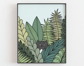 Cat print - Hiding tuxedo cat poster, Funny black cat art, Bush, Fern, Jungle, Plants, Botanical wall art, Home decor Poster, MAILED PRINT