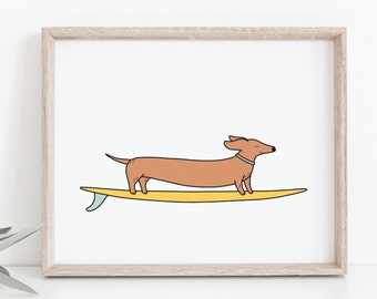 Wiener dog surfing, Funny animal poster, Colorful longboard art, Cartoon drawing, Nursery, Kids room decor, Beach wall art, DIGITAL DOWNLOAD