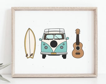 Planche de surf, ukulélé et camping-car imprimé, art de voyage vintage, Road trip, art de surf, décor de maison de plage côtière, art de voiture vintage, TÉLÉCHARGEMENT NUMÉRIQUE