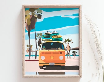 Print surfbusje - vintage oranje poster camper, oldtimerkunst, decor kuststrandhuis, surfplanken kunst aan de muur, DIGITALE DOWNLOAD