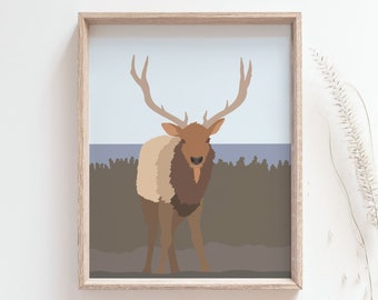 Elk print - Northern vintage travel poster, Woodland decor, Forest animal poster, Mountain cottage decor, Cabin wall art, DIGITAL DOWNLOAD