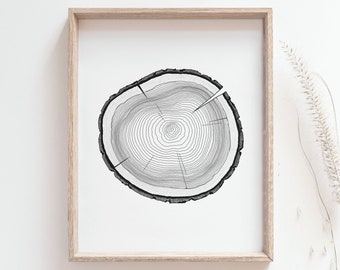 Tree ring print, Tree stump art poster, Wood cross section drawing, Botanical woodland, Rustic cabin decor, Woodland wall art, MAILED PRINT