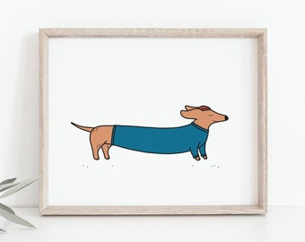 セーター天気のウインナー犬のプリント - 面白い動物のポスター、セーリング犬、漫画の絵、ティーンの部屋の装飾、家の装飾ポスター、デジタルダウンロード