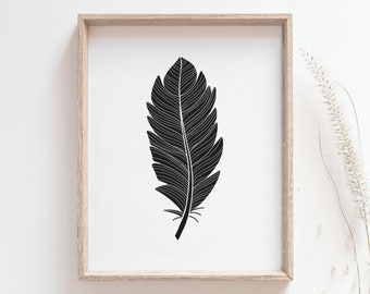 Impression de plumes - Affiche de plumes noires et blanches, décor bohème scandinave minimaliste, art de pépinière apaisant, décor de maison de plage, MAILED PRINT