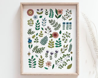 Può includere: Una stampa incorniciata con uno sfondo bianco e un motivo colorato di fiori e foglie. I fiori sono in tonalità di rosso, rosa, blu e giallo. Le foglie sono in tonalità di verde.