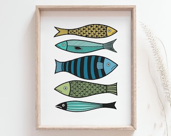 Impression de poisson - Affiche de sardine colorée, Dessin de poisson, Art mural nautique, Décor côtier, Art animalier minimaliste, Art imprimable, MAILED PRINT