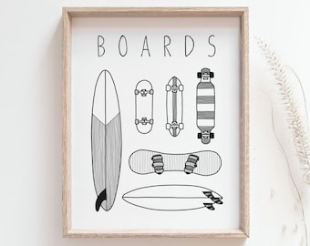 Boards Print - Surfboard, snowboard, skateboard poster, Black and white minimalist art, Beach house decor, Surf poster, DIGITAL DOWNLOAD