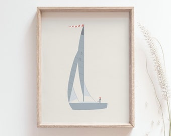 Sailboat print - Simple boat over the horizon poster, Lake, Ocean, Sea, Beach house decor, Coastal nursery, Office wall art, MAILED PRINT