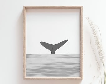 Whale tail print - Humback whale tail poster, Ocean horizon minimalist decor, Animal art, Aquatic life, DIGITAL DOWNLOAD