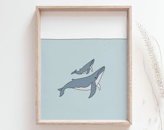 Impresión de ballena - Póster de madre y cría para guardería, dibujo de ballena jorobada, arte de peces, arte pastel bajo el mar, decoración náutica, DESCARGA DIGITAL