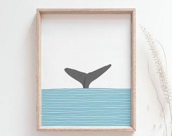 Whale tail print - Humback whale tail poster, Ocean horizon minimalist decor, Animal art, Aquatic life, Beach house decor, DIGITAL DOWNLOAD