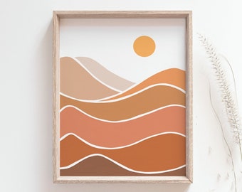 Impression de coucher de soleil, affiche de coucher de soleil sur l'océan, vague japonaise de ligne simple boho en terre cuite, décor de maison de plage minimaliste, art mural Lodge, MAILED PRINT