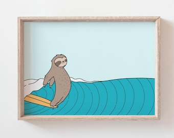 Surfing sloth print - Surfing animal art, Cute animal poster, Sloth surfer, Surf art, Seaside decor, Beach house nursery, DIGITAL DOWNLOAD