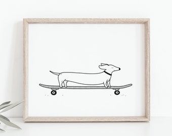 Può includere: Disegno in bianco e nero di un bassotto che fa skateboard. Il cane è su uno skateboard con ruote e guarda a destra.