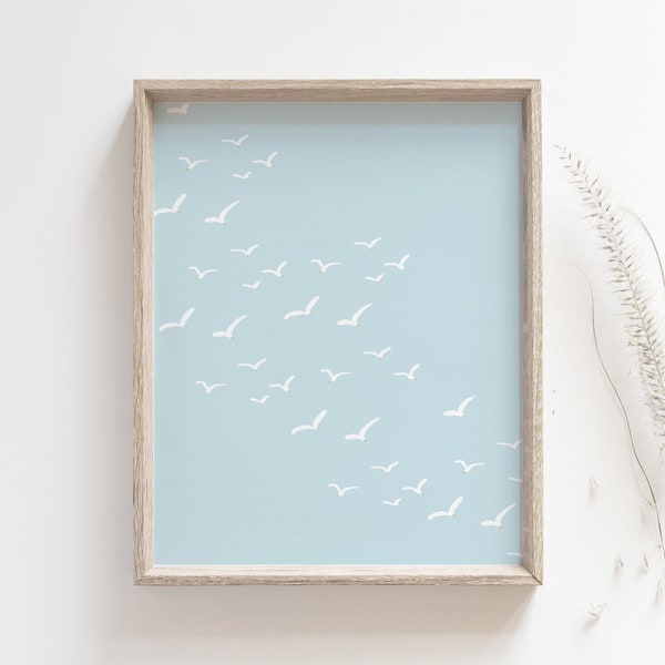 Seagulls print - Flock of seabirds in the sky poster, Seagulls flying illustration, Coastal wall art, Beach house decor, MAILED PRINT