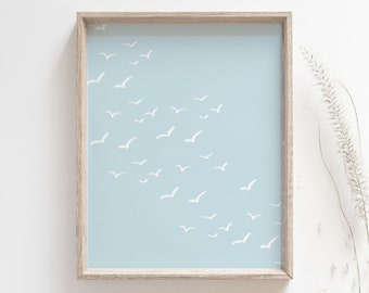 Seagull print - Flock of seabirds in the sky poster, Seagulls flying illustration, Coastal wall art, Beach house decor, DIGITAL DOWNLOAD