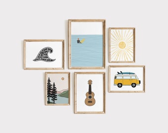 Beach house gallery set - Original surfing artwork, Surf art wall set, Van life decor, Ukulele, Sunset, Ocean, Surfer girl, MAILED PRINT