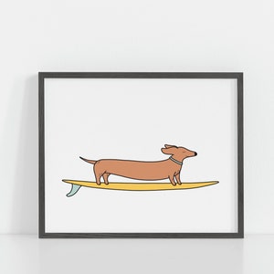 Wiener dog surfing, Funny animal poster, Colorful longboard art, Cartoon drawing, Nursery, Kids room decor, Beach wall art, DIGITAL DOWNLOAD image 2