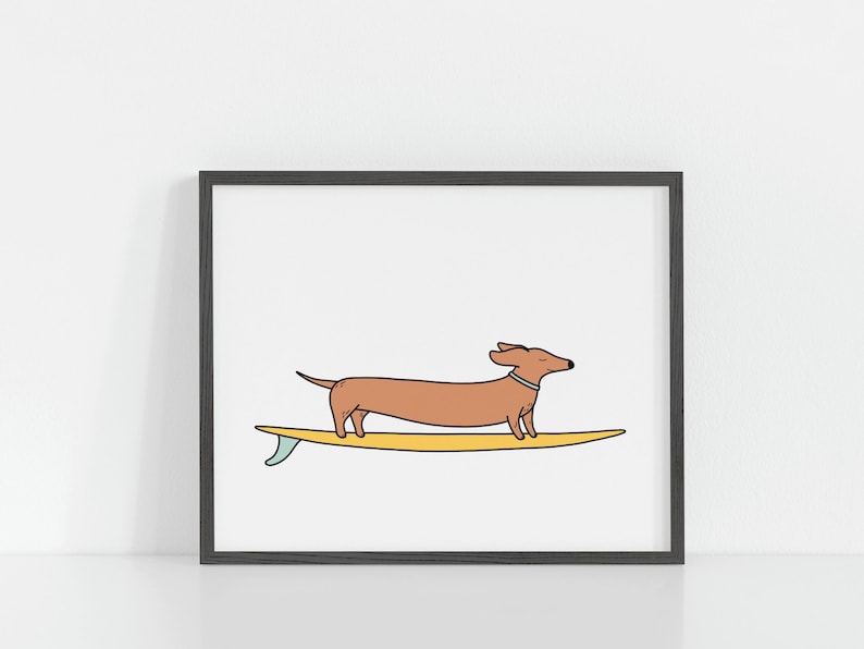 Wiener dog surfing, Funny animal poster, Colorful longboard art, Cartoon drawing, Nursery, Kids room decor, Beach wall art, DIGITAL DOWNLOAD image 2