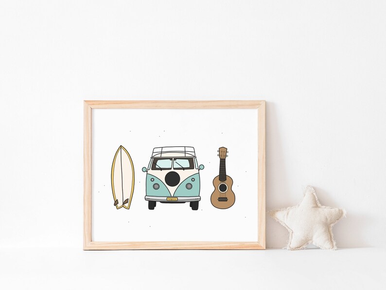 May include: A framed print with a blue and white vintage van, a surfboard, and a brown ukulele. The print is on a white background and is framed in a light wood frame.