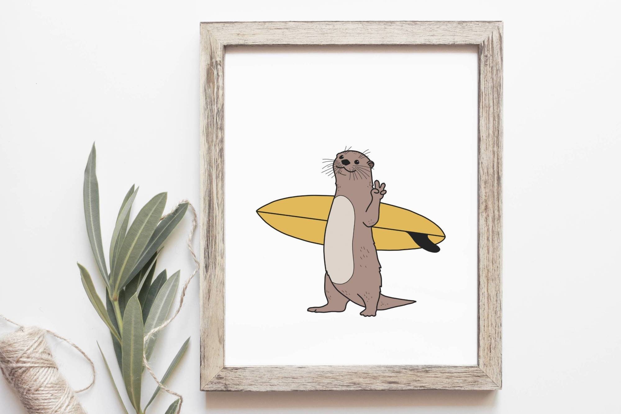 Discover Surfing otter print - Funny animal poster, Cartoon drawing, Surf art, Beach house decor, No Frame