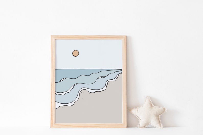 May include: A framed illustration of a beach scene with blue waves and a light brown sandy shore. The sun is a light orange circle in the sky.