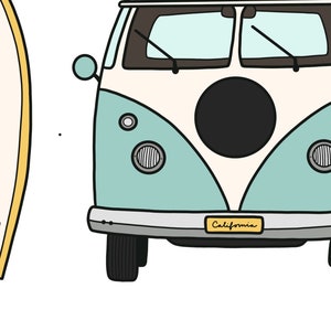 May include: A blue and white vintage van with a black circle in the front, a yellow license plate that says "California", and a surfboard next to it.
