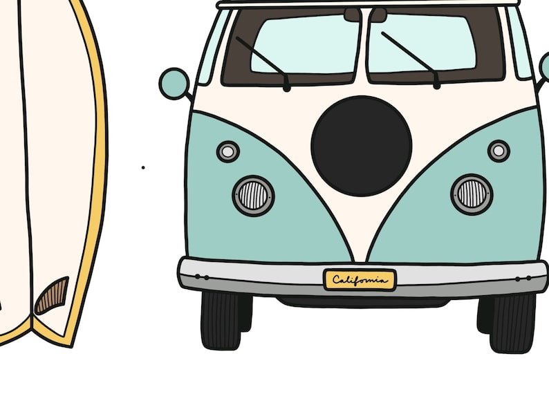 May include: A blue and white vintage van with a black circle in the front, a yellow license plate that says "California", and a surfboard next to it.
