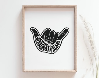 Shaka sign print, West Coast Vibes poster, Hang loose minimalist wall art, Surf print, Beach wall art, California, Tofino, DIGITAL DOWNLOAD