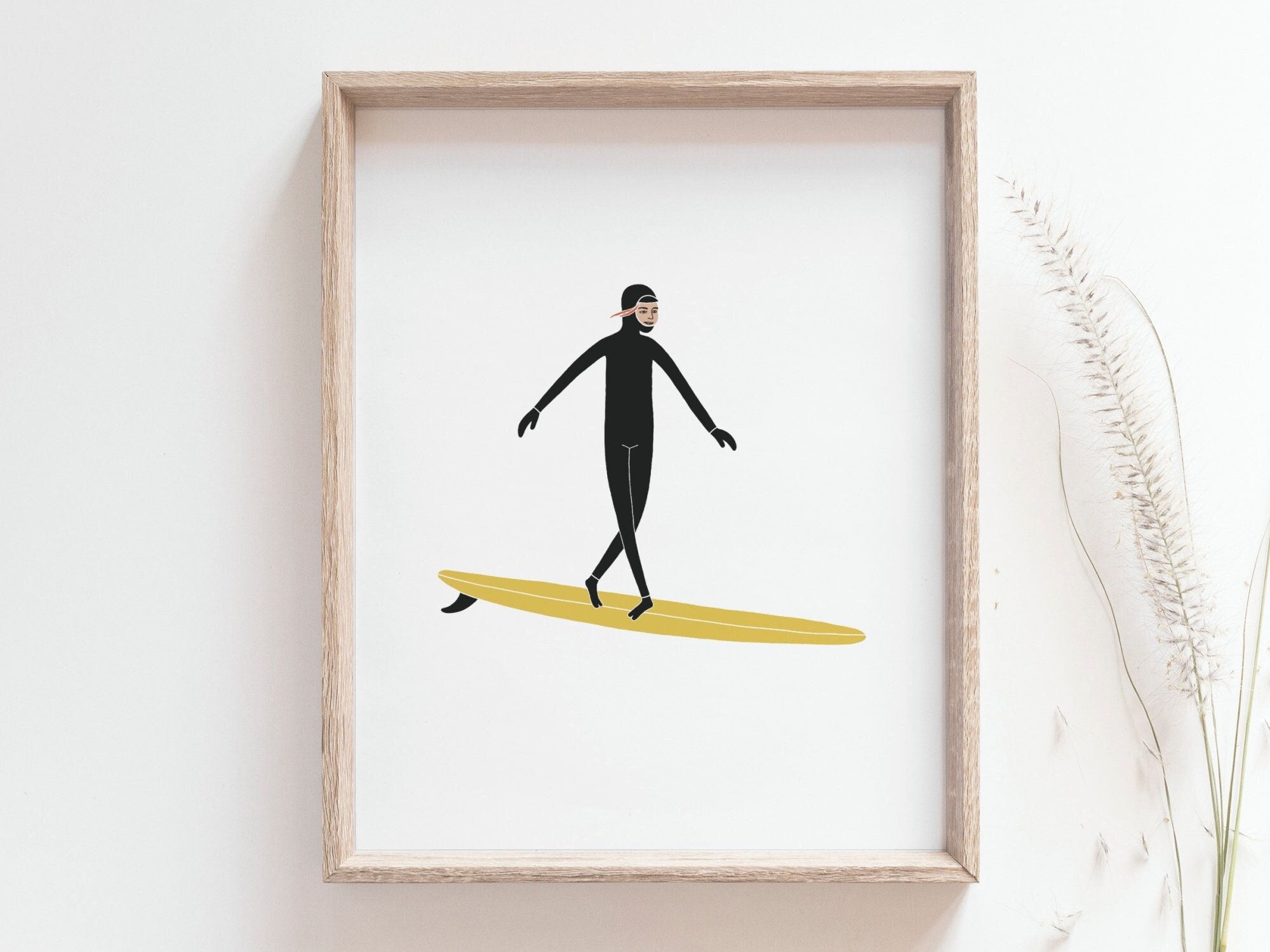 Surfer Girl Print Women Riding a Yellow Longboard Surfboard Etsy UK