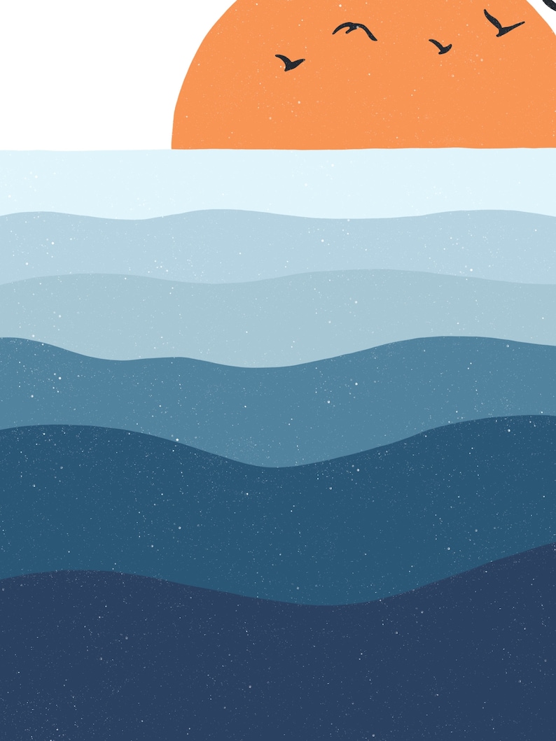 Sunset print - Ocean sunset poster, Seabirds, Wave, Bright minimalist beach house coastal wall art decor, Sea waves art decor, MAILED PRINT afbeelding 4