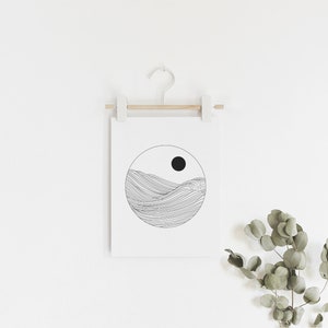 Sunset print Japanese ocean art poster, Seascape art, Simple line wave drawing, Boho wall decor, Beach house decor, DIGITAL DOWNLOAD image 4