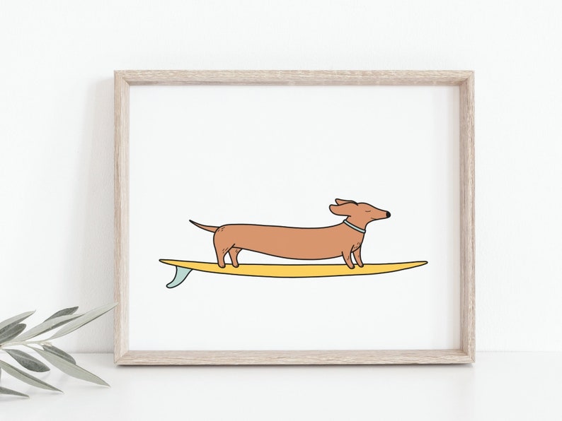 Wiener dog surfing, Funny animal poster, Colorful longboard art, Cartoon drawing, Nursery, Kids room decor, Beach wall art, DIGITAL DOWNLOAD image 1