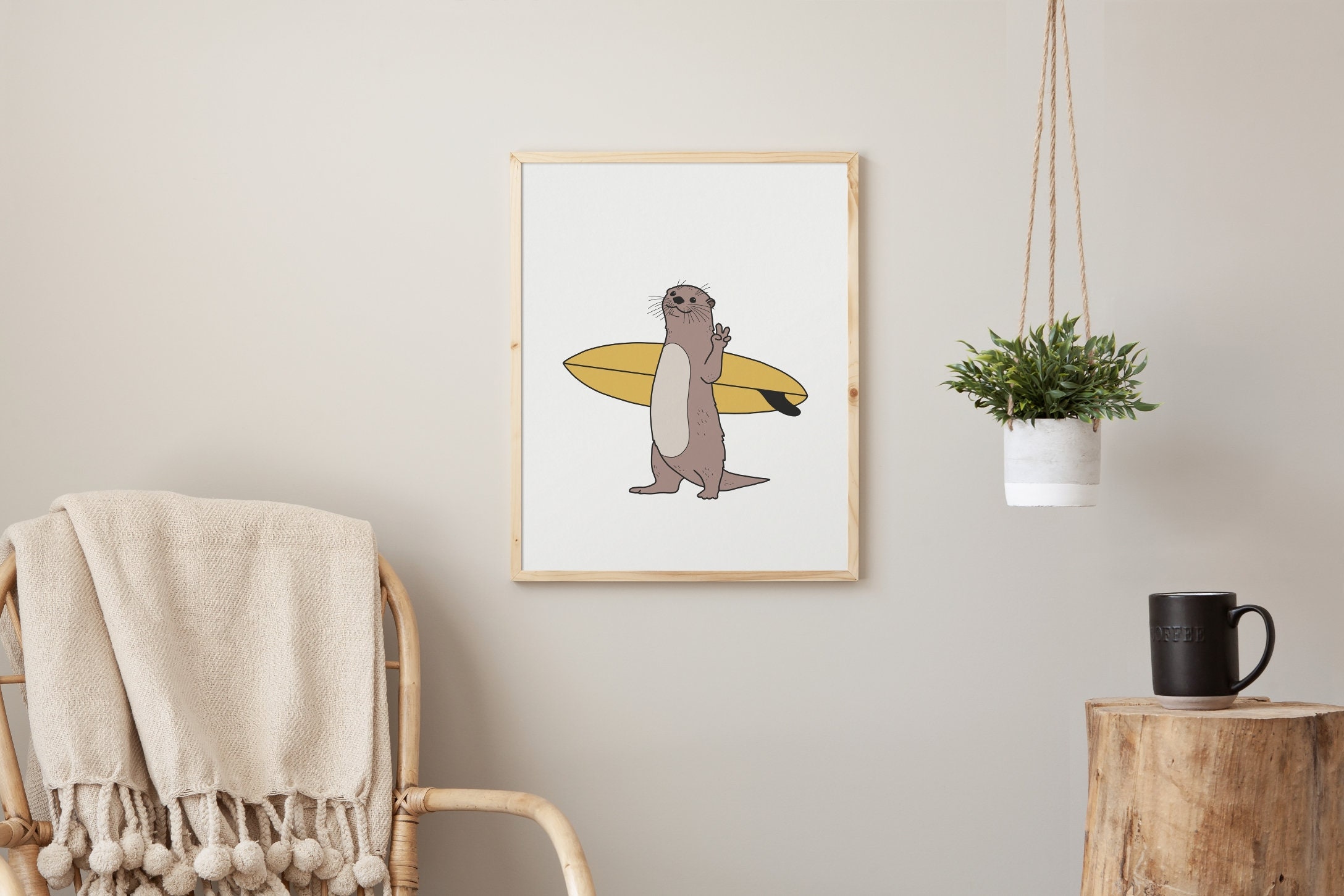 Discover Surfing otter print - Funny animal poster, Cartoon drawing, Surf art, Beach house decor, No Frame