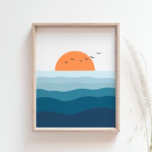 Sunset print - Ocean sunset poster, Seabirds, Wave, Bright minimalist beach house coastal wall art decor, Sea waves art decor, MAILED PRINT afbeelding 2