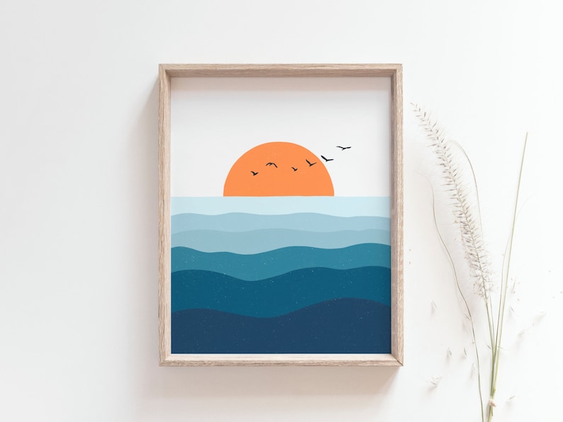 Sunset print - Ocean sunset poster, Seabirds, Wave, Bright minimalist beach house coastal wall art decor, Sea waves art decor, MAILED PRINT afbeelding 2