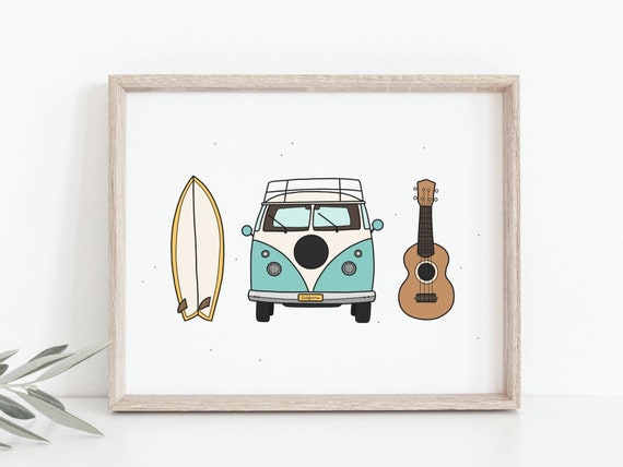 Surfboard, ukulele & camper van print, Vintage travel art, Road trip, Surf art, Coastal beach house decor, Vintage car poster, MAILED PRINT