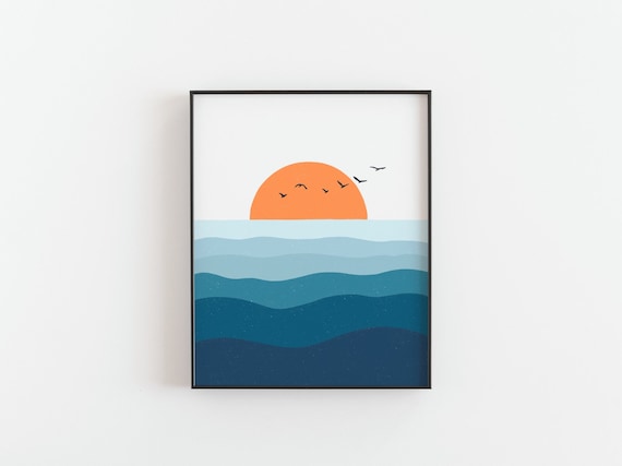 Sunset print - Ocean sunset poster, Seabirds, Wave, Bright minimalist beach house coastal wall art decor, Sea waves art decor, MAILED PRINT