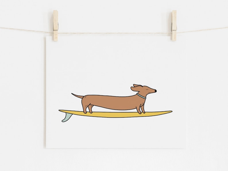 Wiener dog surfing, Funny animal poster, Colorful longboard art, Cartoon drawing, Nursery, Kids room decor, Beach wall art, DIGITAL DOWNLOAD image 5