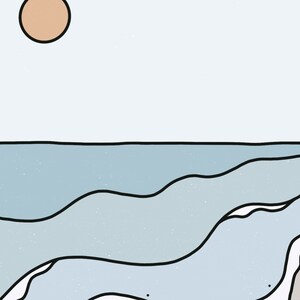 May include: A simple line drawing of a beach scene with a light blue ocean, white waves, and a light brown sun in the sky.