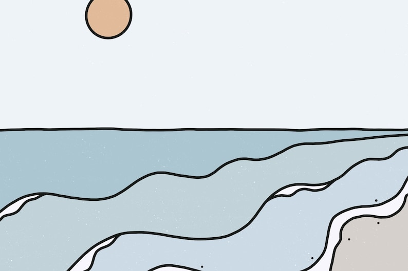 May include: A simple line drawing of a beach scene with a light blue ocean, white waves, and a light brown sun in the sky.