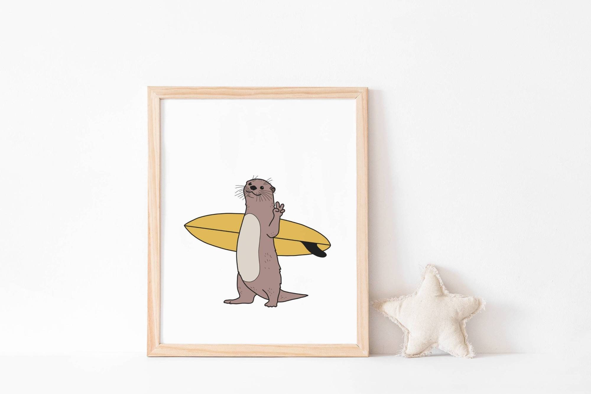 Discover Surfing otter print - Funny animal poster, Cartoon drawing, Surf art, Beach house decor, No Frame