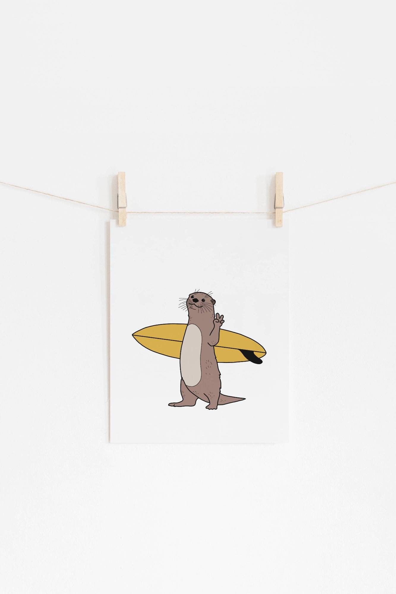 Discover Surfing otter print - Funny animal poster, Cartoon drawing, Surf art, Beach house decor, No Frame