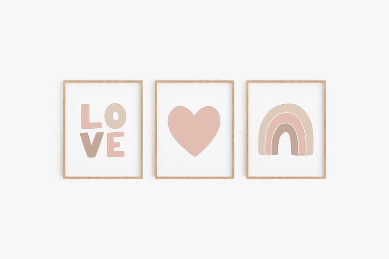 Love, heart & rainbow print set of 3 Minimalist love poster set, Pastel pink nursery art, Simple scandinavian wall art, DIGITAL DOWNLOAD image 1