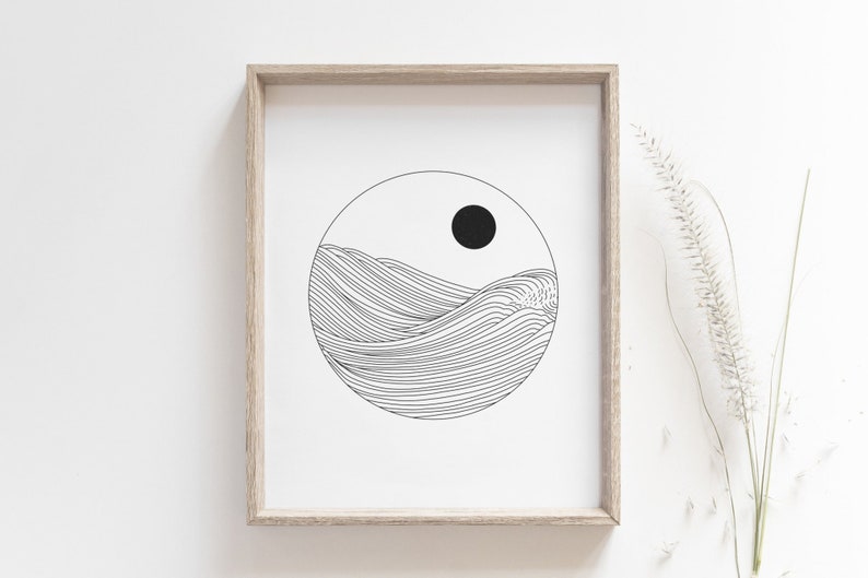 Sunset print Japanese ocean art poster, Seascape art, Simple line wave drawing, Boho wall decor, Beach house decor, DIGITAL DOWNLOAD image 1