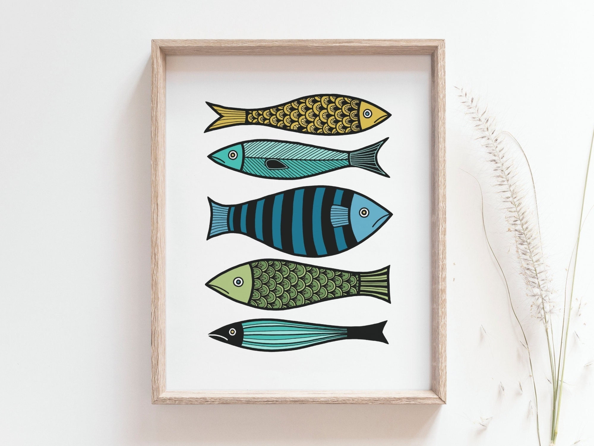 Impression de poisson affiche de sardines colorées, dessin de