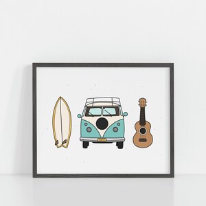 May include: A framed print with a blue and white vintage van, a surfboard, and a ukulele. The van has a black circle on the side and a yellow license plate. The surfboard is yellow and white. The ukulele is brown.