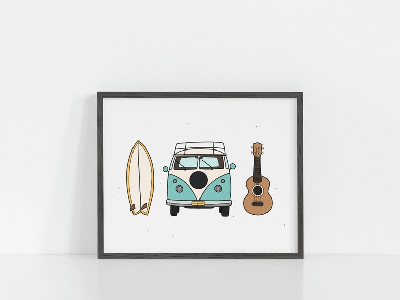 May include: A framed print with a blue and white vintage van, a surfboard, and a ukulele. The van has a black circle on the side and a yellow license plate. The surfboard is yellow and white. The ukulele is brown.